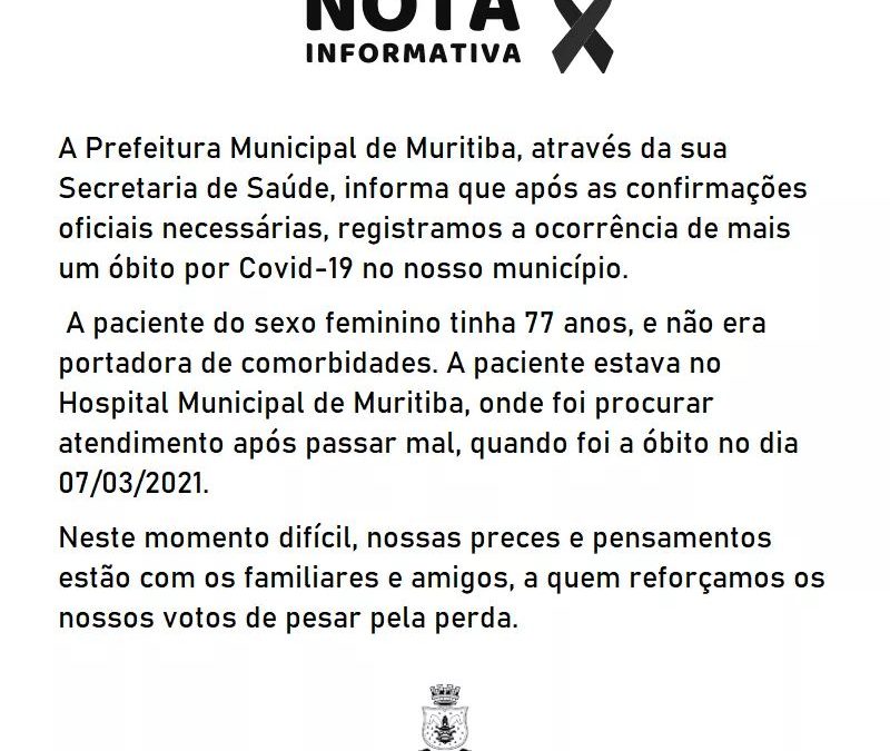 Muritiba: mais um óbito por Covid-19 foi confirmado neste domingo (07/03)