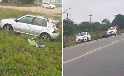 Ao menos uma pessoa fica ferida após colisão entre carro e moto na BR-101, em Muritiba