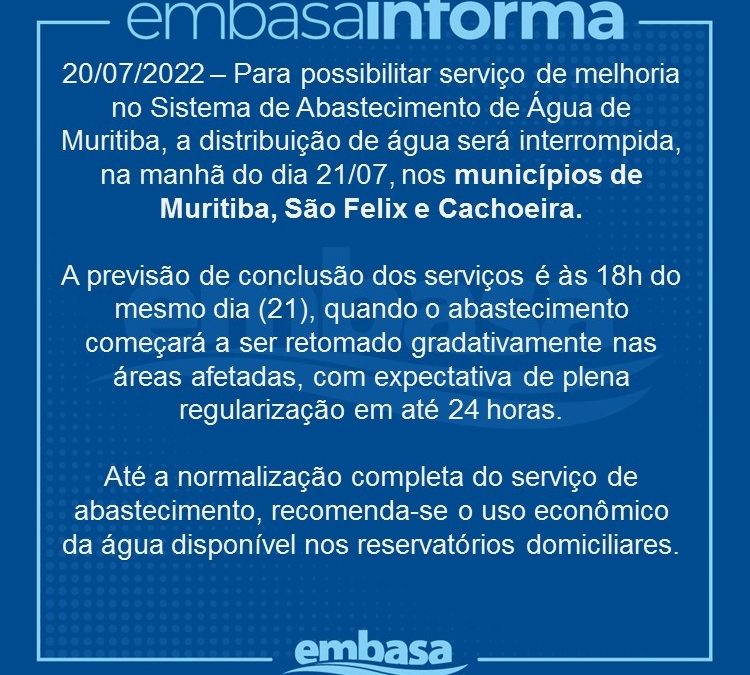 Embasa informa interrupção no abastecimento de água em Muritiba, São Félix e Cachoeira