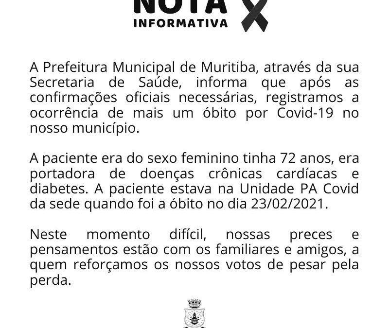 Mais uma pessoa morre vítima da COVID-19 no município de Muritiba
