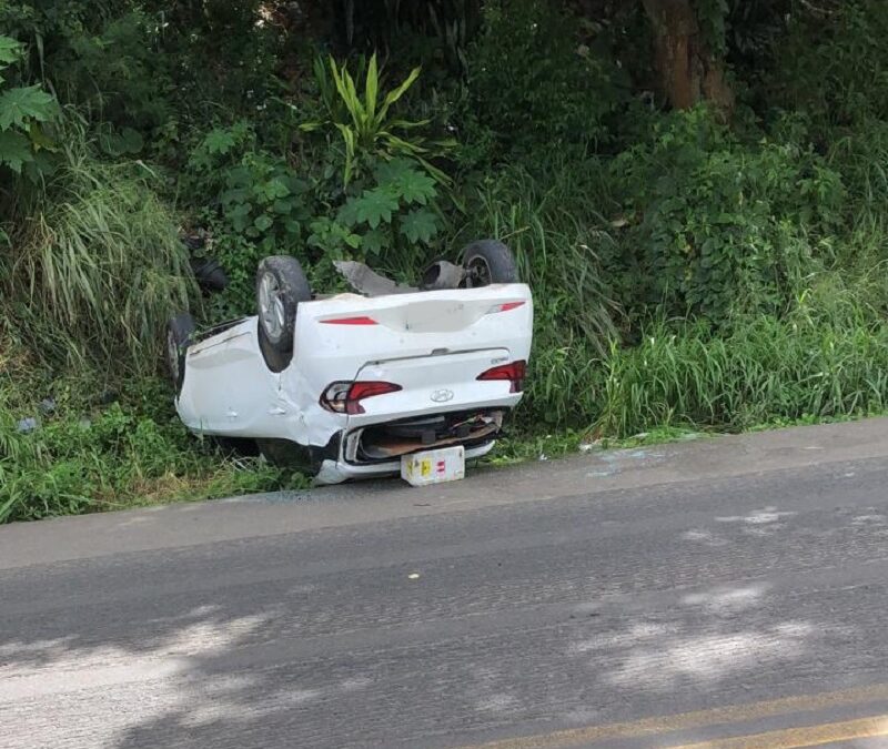 Condutor perde controle da direção e carro capota na BR-101, em Sapeaçu